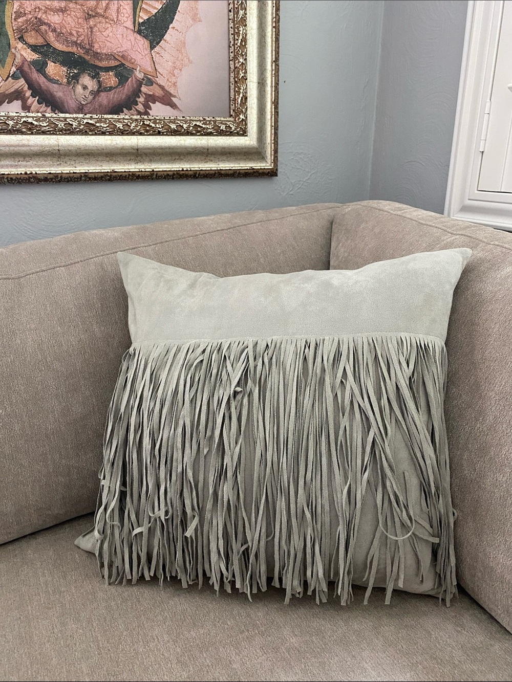 Suede Fringe Accent Pillow in Light Gray